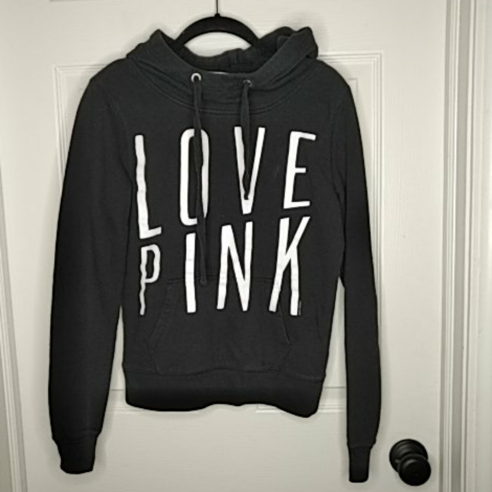 Victoria's Secret Pink "LOVE PINK" Black/White Hoodie w/Kangaroo Pocket …